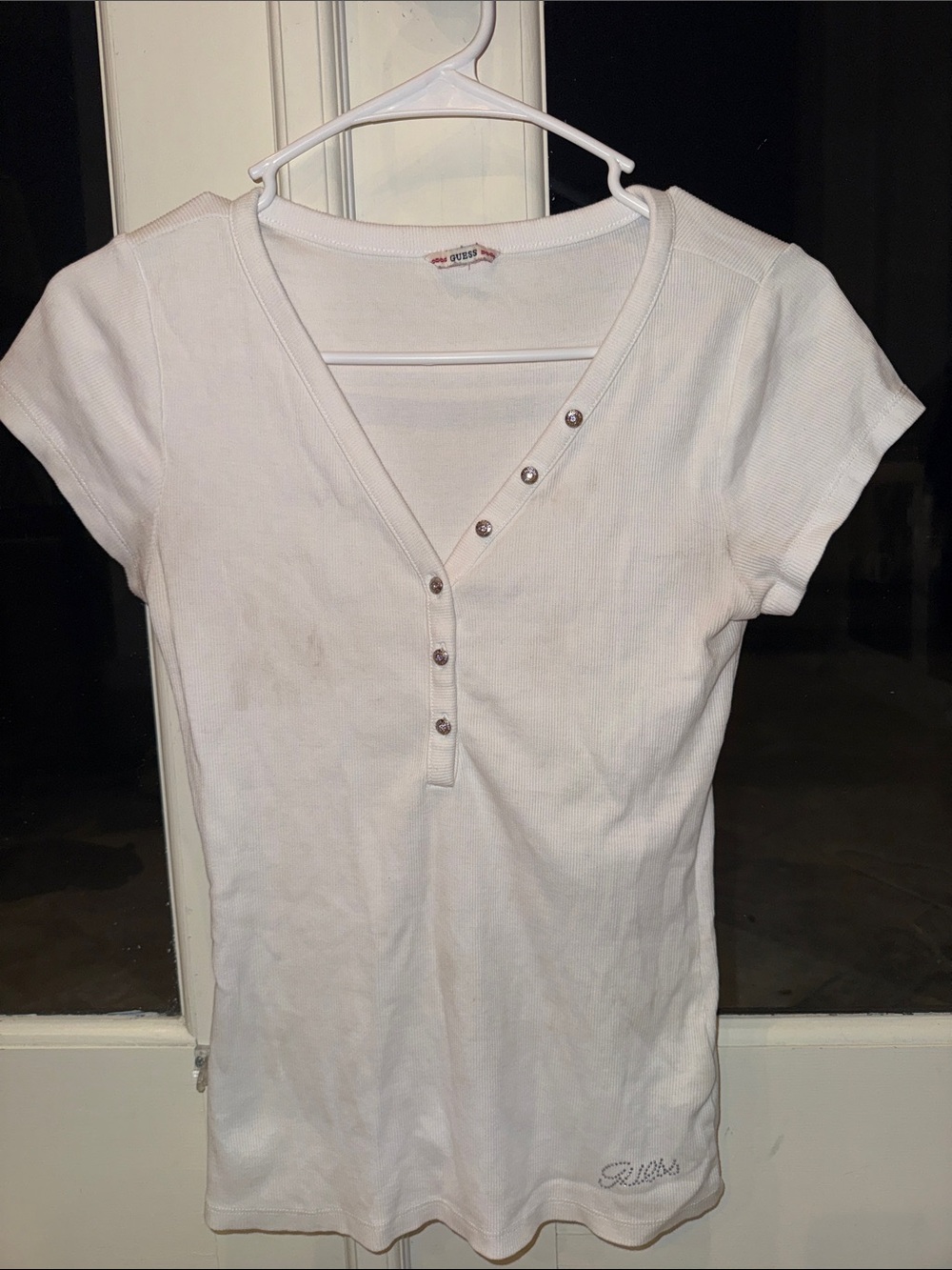 Guess White Short-Sleeve Ribbed Henley with Button Placket